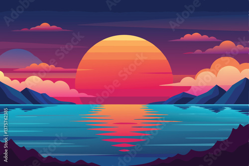 The evening's red and orange sunset reflects on the calm sea