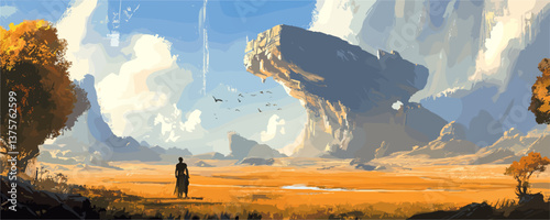 Dramatic landscape with lone traveler and majestic floating rock formation, surreal scenery vector.