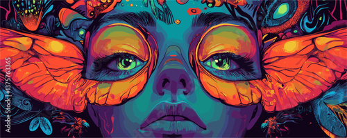 Surreal butterfly mask on woman face with abstract elements vector.