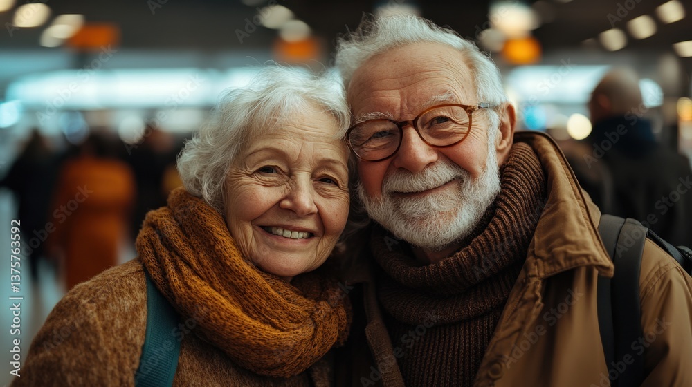 Happy Elderly Couple Smiling Together in a Busy Indoor Setting Happy Elderly Couple Smiling Together in a Busy Indoor Setting