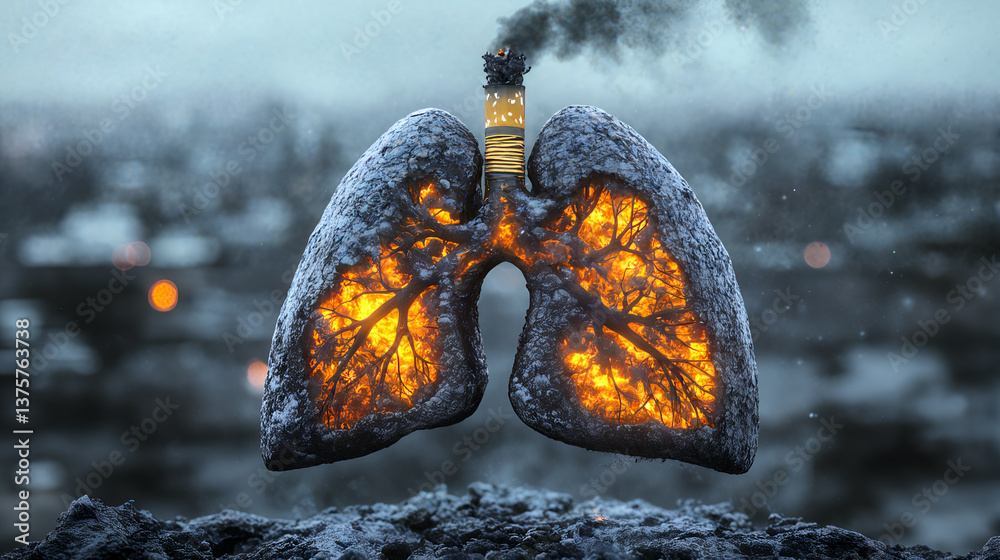 Illustration of smoking impact on human lungs - burning and deteriorating organs from cigarette smoke