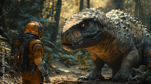 Obraz na płótnie Astronaut or time traveler encounters dinosaur in mysterious forest - adventure awaits in futuristic wilderness w salonie