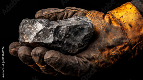 Obraz na płótnie Gloved hand holding raw coal rock against black background highlighting mining and natural resources w salonie