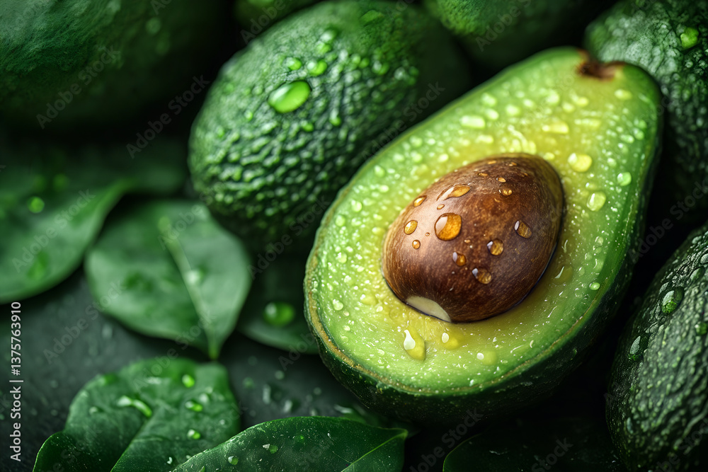 Fresh avocado and leaf arrangement highlighting healthy and nutritious diet concepts for natural lifestyle inspiration