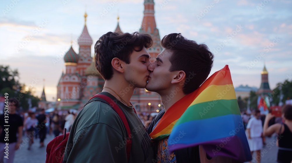 Fototapeta premium Russian gay couple on the Red Square in Moscow, Russia