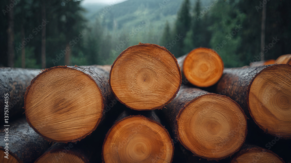 Stacked timber logs in forested mountain landscape with natural wood textures and conifer trees
