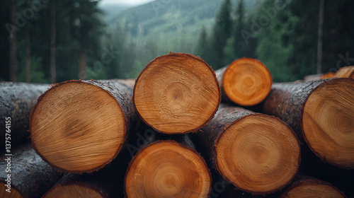 Obraz na płótnie Stacked timber logs in forested mountain landscape with natural wood textures and conifer trees w salonie