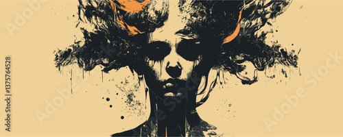 Abstract artistic portrait of a woman with abstract hair and intricate patterns - vector.