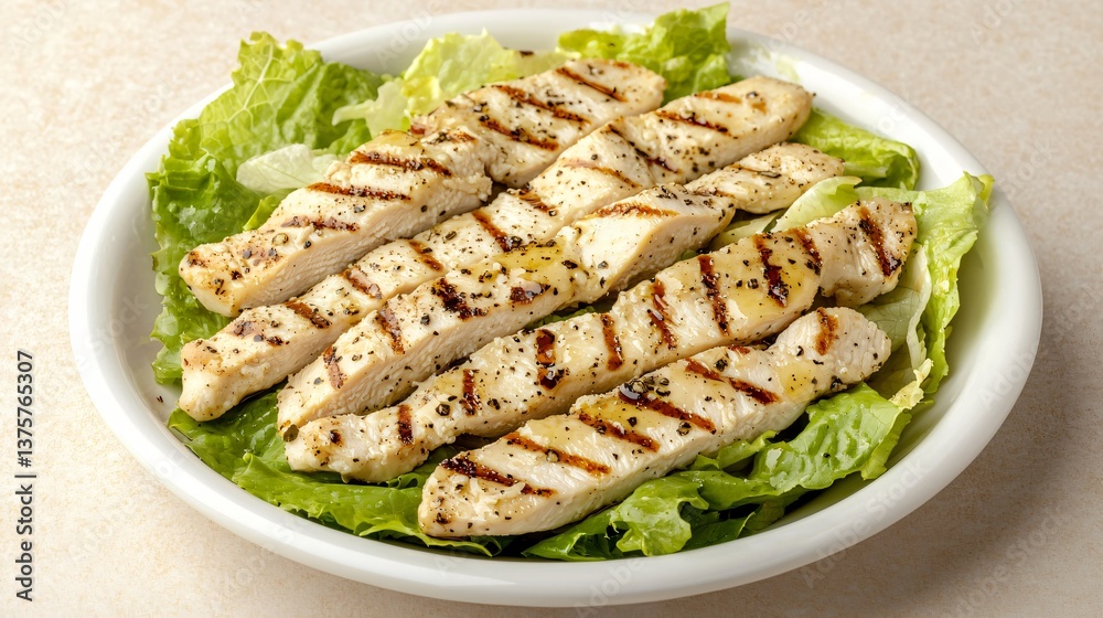 Grilled chicken breast strips on bed of lettuce in a white bowl. Appetizing and healthy meal Grilled chicken breast strips on bed of lettuce in a white bowl. Appetizing and healthy meal