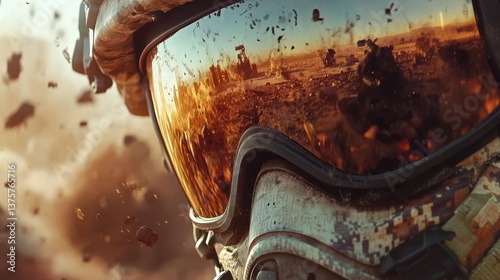 The image captures a soldier's sunglasses reflecting an intense battlefield scene, showcasing the chaos of war and the focus of a soldier amidst a dust storm.