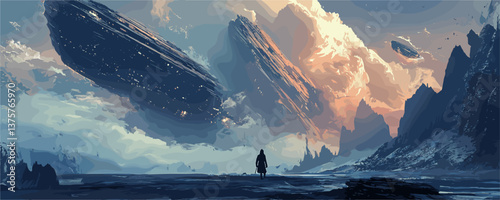 Surreal landscape with massive floating rocks and lone figure under dramatic sky - vector.