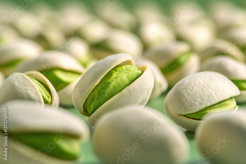 Obraz na płótnie Pistachio nuts on green background, showcasing their vibrant green insides and textured shells, create fresh and natural feel w salonie