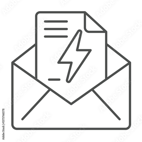 Envelope with electricity bill paper thin line icon, electrical service concept. Vector graphics. Mail letter and lightning sign on white background, outline style icon for mobile or web design.