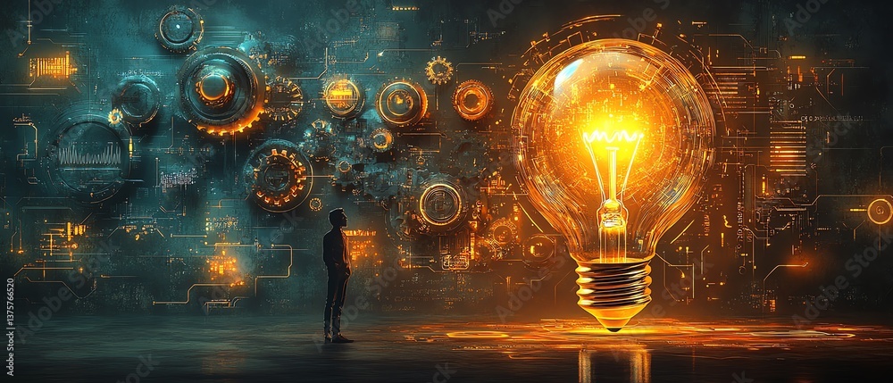 Digital head with gears and circuits, light bulb above symbolizing new ideas, merging logic and creativity, on a dark futuristic background