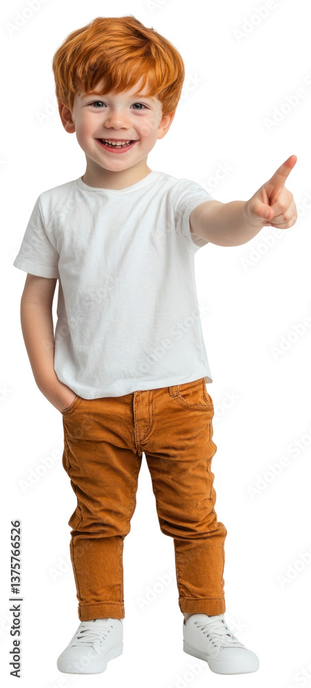 PNG Pointing sign gesture standing boy t-shirt.