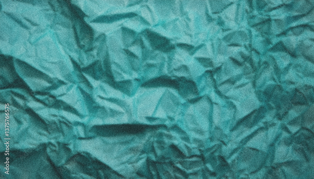 Obraz premium Crumpled turquoise wrapping paper presenting textured surface with vibrant folds, creating grainy abstract pattern filling entire frame for graphic design backgrounds