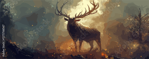Majestic stag in mystical forest with glowing light and misty trees at sunset vector.