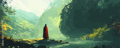 Mysterious figure in red cloak standing by river in lush forest landscape - vector.