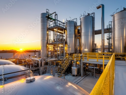 Modern propane processing plant at sunset with machinery storage tanks and business operations in the background. Sunset refinery silhouette.