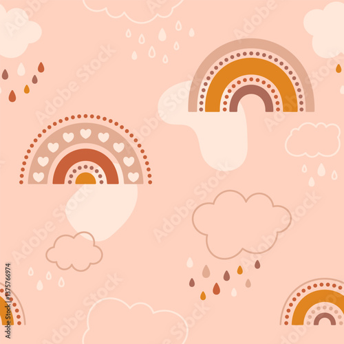 Kid kawaii seamless pattern with cute rainbows, simple forms with line clouds and water drops.