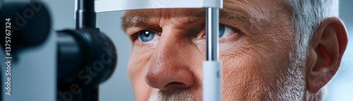 Senior taking an eye exam with high tech ophthalmic device illustrating precision eye care and age related health monitoring. Advanced vision check for older adults.