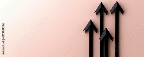 Series of black arrows pointing up set against a light background depicting business expansion growth and upward success clean and modern design. Rising black arrows.