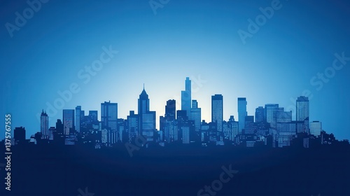 Wallpaper Mural A silhouetted city skyline against a gradient blue background, showcasing various skyscrapers and buildings in an urban landscape. Torontodigital.ca