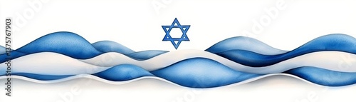 Watercolor art featuring blue and white waves with a Star of David symbolizing Jewish culture and identity. Blue wave jewish painting.
