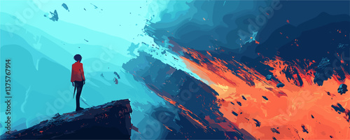 Determined person standing on cliff watching epic fiery explosion in dynamic abstract vector.