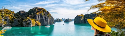 Woman immersed in the beauty of a tropical island her hat and backpack highlighting an adventurous journey through pristine Southeast Asian waters. Island explorer s paradise found.