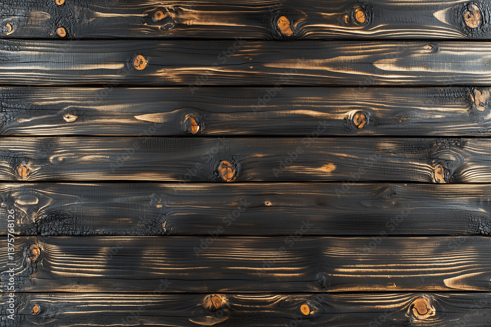 Cinematic grunge texture of burnt wood, blackened and charred, showcasing unique patterns and knots. This striking surface adds depth and character to any design project