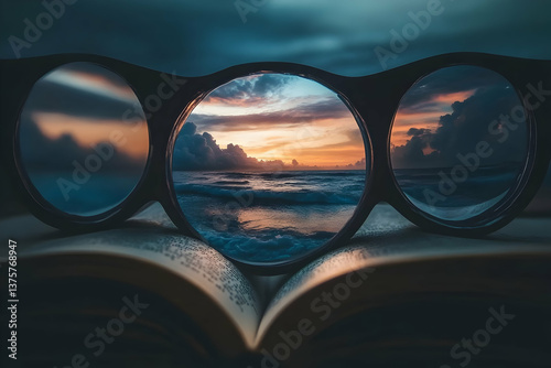 Surreal view of ocean sunset through three circular lenses over open book, creative concept of perspective, storytelling, and vision.