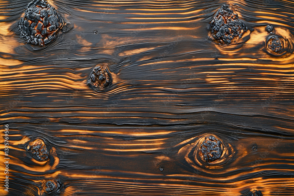 Burned wooden surface with deep fire streaks and ashy texture, showcasing unique patterns and colors. contrast between dark and light areas creates striking visual appeal