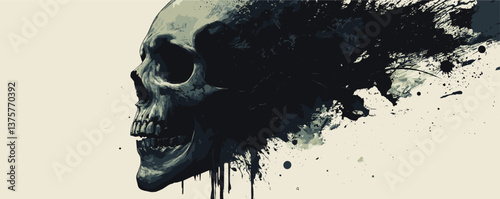 Grungy artistic skull with splattered paint and textured background - vector.
