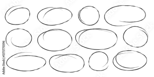 Sketch hand drawn circle ellipse frame set with brush strokes. Doodle black line emphasis elements. Perfect for highlight, infographic, poster, social media, note, web graphic, promotion material