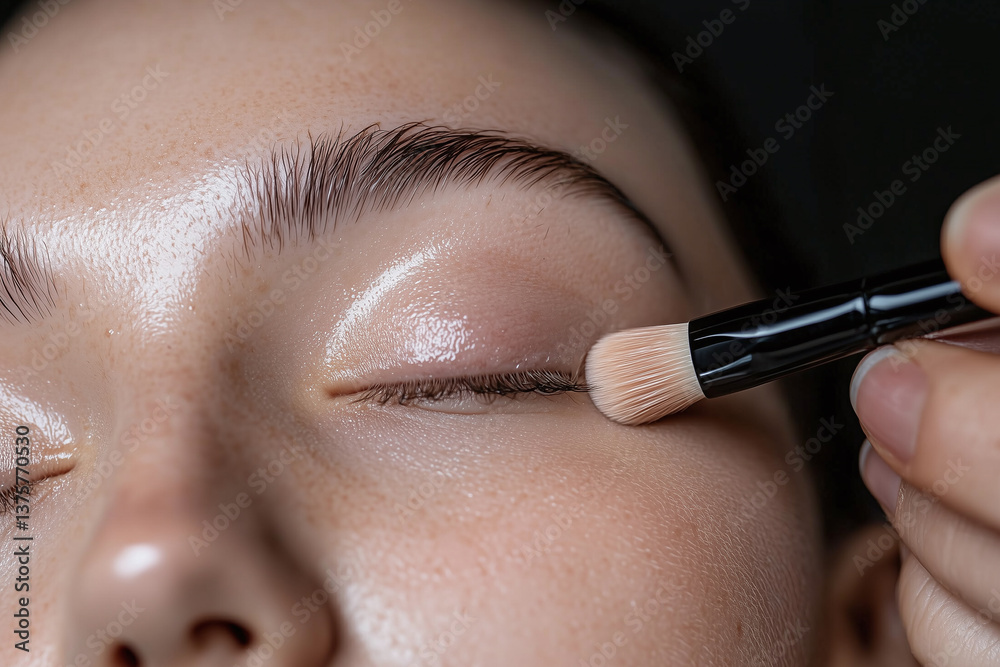 Close up of youthful glowing skin as expert gently applies makeup with brush, showcasing serene beauty routine. focus is on delicate application technique