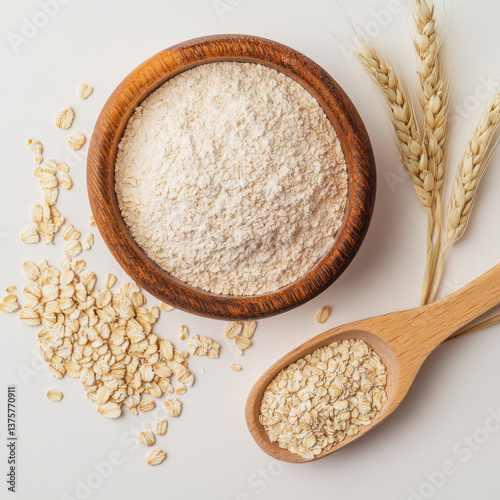 Oatmeal, eight-treasure porridge, wheat flour, cornmeal, on the table, white background.
