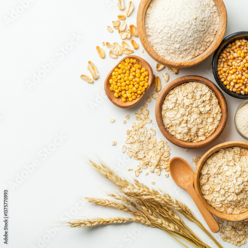 Oatmeal, eight-treasure porridge, wheat flour, cornmeal, on the table, white background.