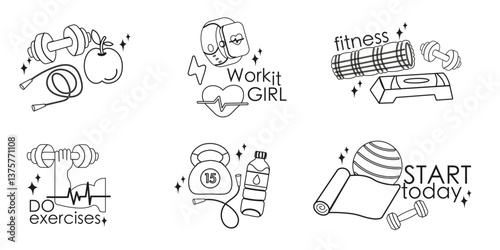 Outline fitness inventory, gym accessories, sport equipment of badge, label design with lettering