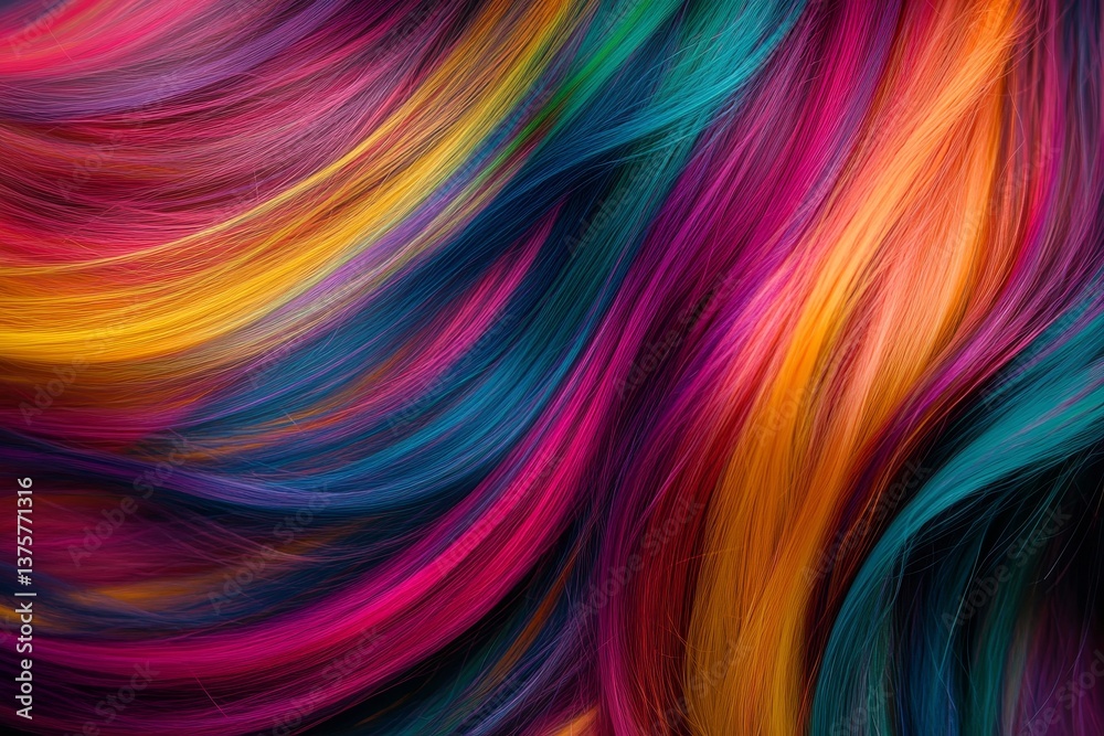 Fototapeta premium A captivating close-up view of rainbow hair flowing with vibrant colors, including red, blue, purple, yellow, and pink, forming an eye-catching abstract design