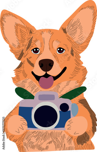 Corgi taking selfies with a retro film camera