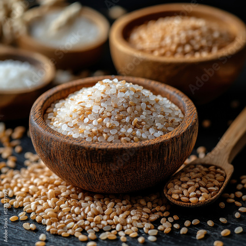 Close-up of delicate rice grains with a dustpan and wheat in the middle ground. Shot against a black background, this high-quality image is perfect for food ads and grain