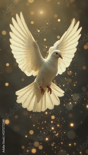 Beautiful dove soaring through a sparkling background, symbolizing peace and spiritual awakening