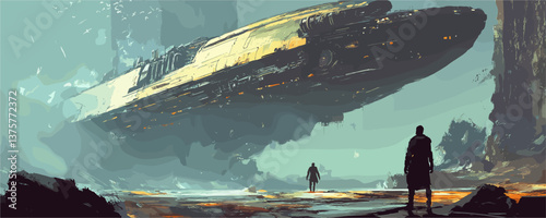 Futuristic spaceship hovering above alien landscape with two figures below - vector.
