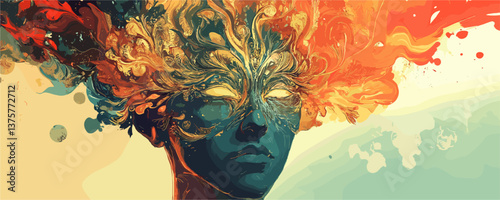 Surreal face with vibrant colors and fluid patterns, abstract art vector.