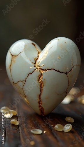 Intricately cracked heart-shaped stone with golden veins on a wooden surface symbolizing love and healing
