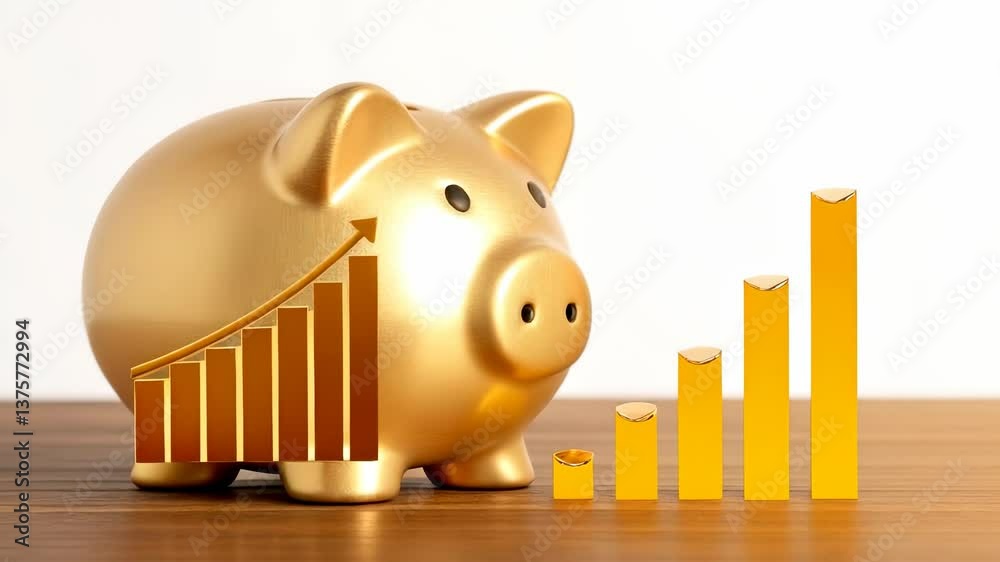 Financial services investing concept. Golden piggy bank with a rising graph symbolizing savings and investment growth.