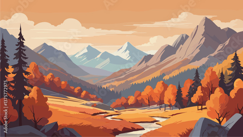 Autumn Landscape with mountain range with a river running. The mountains covered in snow and the sky is clear. The scene is peaceful and serene, with the mountains and river creating a sense of calm