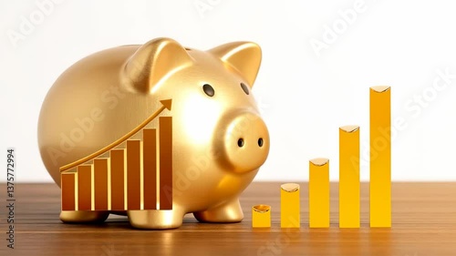 Financial services investing concept. Golden piggy bank with a rising graph symbolizing savings and investment growth.