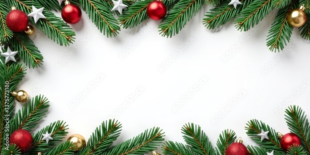 Festive Evergreen Branches and Sparkling Ornaments Create a Charming Holiday Border on a Blank White Background, Perfect for Seasonal Greetings or Festive Announcements